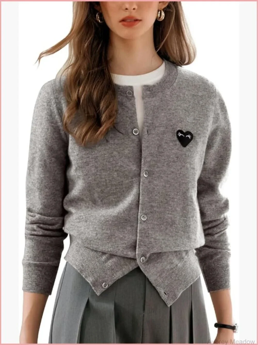 Crew Neck Button Up Cropped Cardigan with Heart Patch